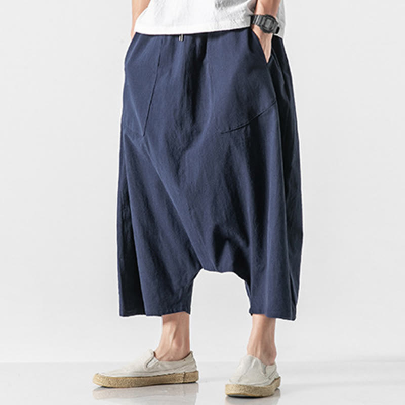 Casual Low Crotch Design Drawstring Men's 7-8 Length Cotton Linen Wide Leg Pants With Pockets