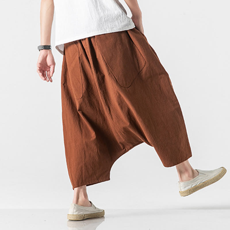 Casual Low Crotch Design Drawstring Men's 7-8 Length Cotton Linen Wide Leg Pants With Pockets