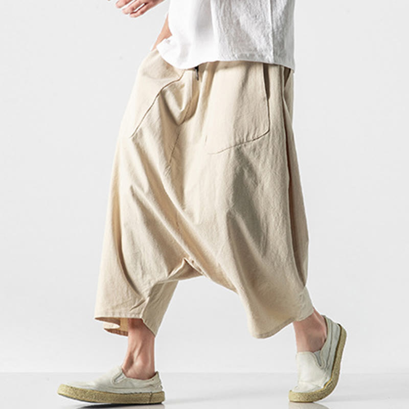 Casual Low Crotch Design Drawstring Men's 7-8 Length Cotton Linen Wide Leg Pants With Pockets