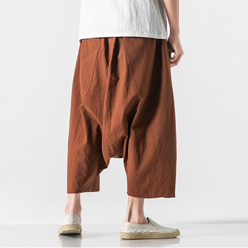Casual Low Crotch Design Drawstring Men's 7-8 Length Cotton Linen Wide Leg Pants With Pockets