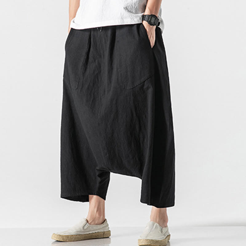 Casual Low Crotch Design Drawstring Men's 7-8 Length Cotton Linen Wide Leg Pants With Pockets