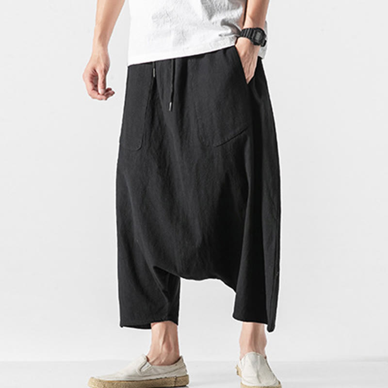 Casual Low Crotch Design Drawstring Men's 7-8 Length Cotton Linen Wide Leg Pants With Pockets