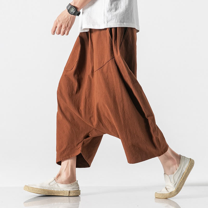 Casual Low Crotch Design Drawstring Men's 7-8 Length Cotton Linen Wide Leg Pants With Pockets