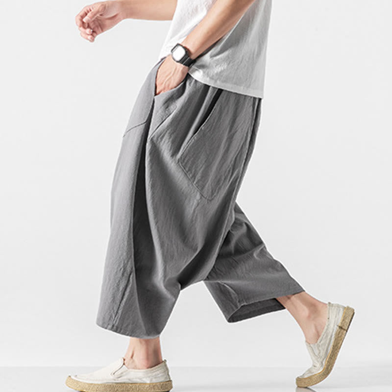 Casual Low Crotch Design Drawstring Men's 7-8 Length Cotton Linen Wide Leg Pants With Pockets