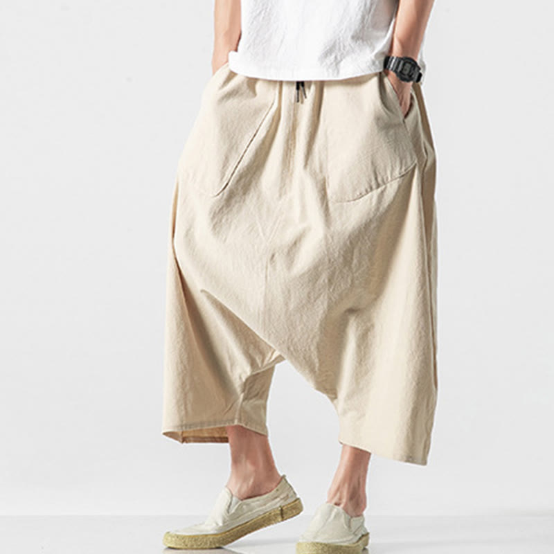 Casual Low Crotch Design Drawstring Men's 7-8 Length Cotton Linen Wide Leg Pants With Pockets