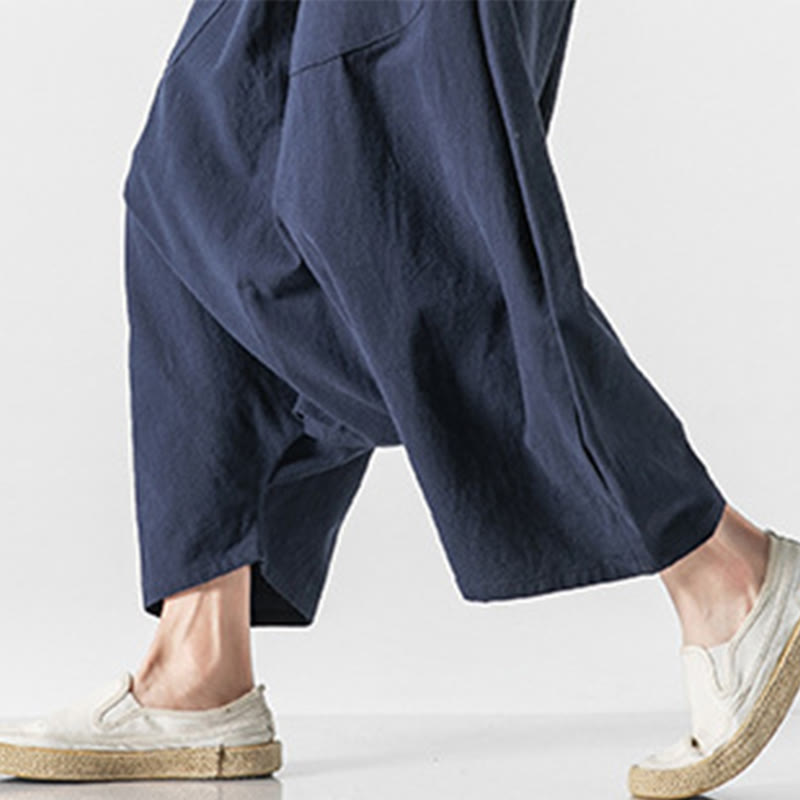 Casual Low Crotch Design Drawstring Men's 7-8 Length Cotton Linen Wide Leg Pants With Pockets
