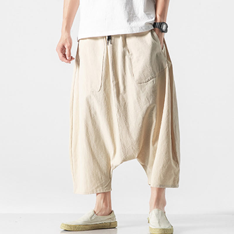 Casual Low Crotch Design Drawstring Men's 7-8 Length Cotton Linen Wide Leg Pants With Pockets