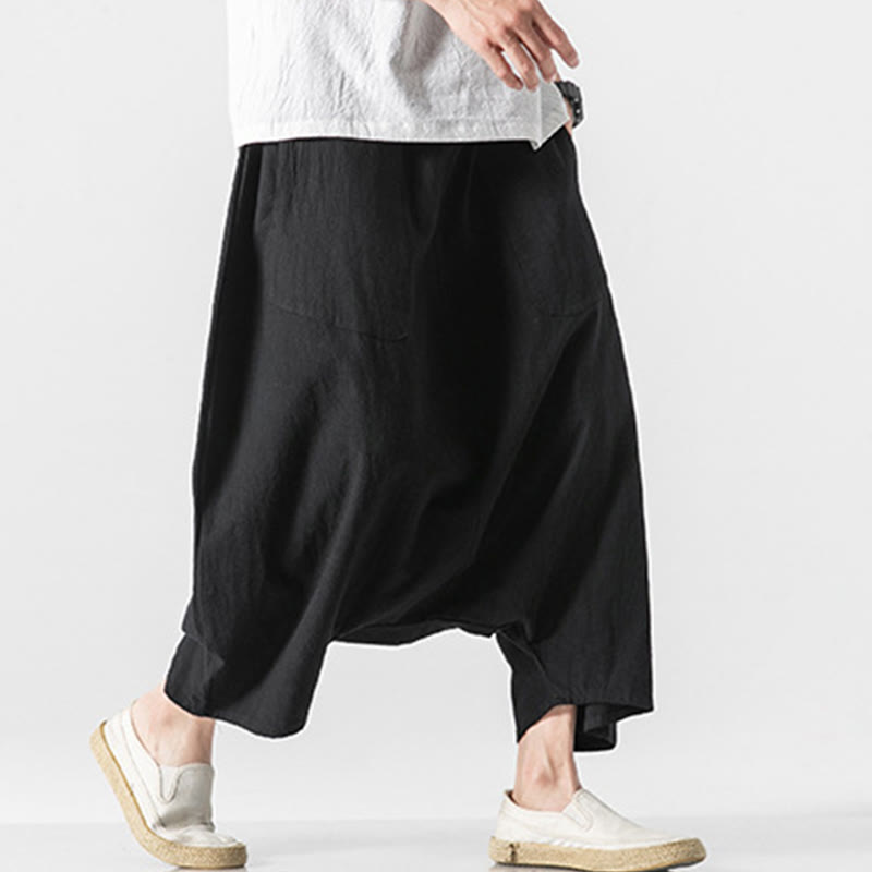 Casual Low Crotch Design Drawstring Men's 7-8 Length Cotton Linen Wide Leg Pants With Pockets