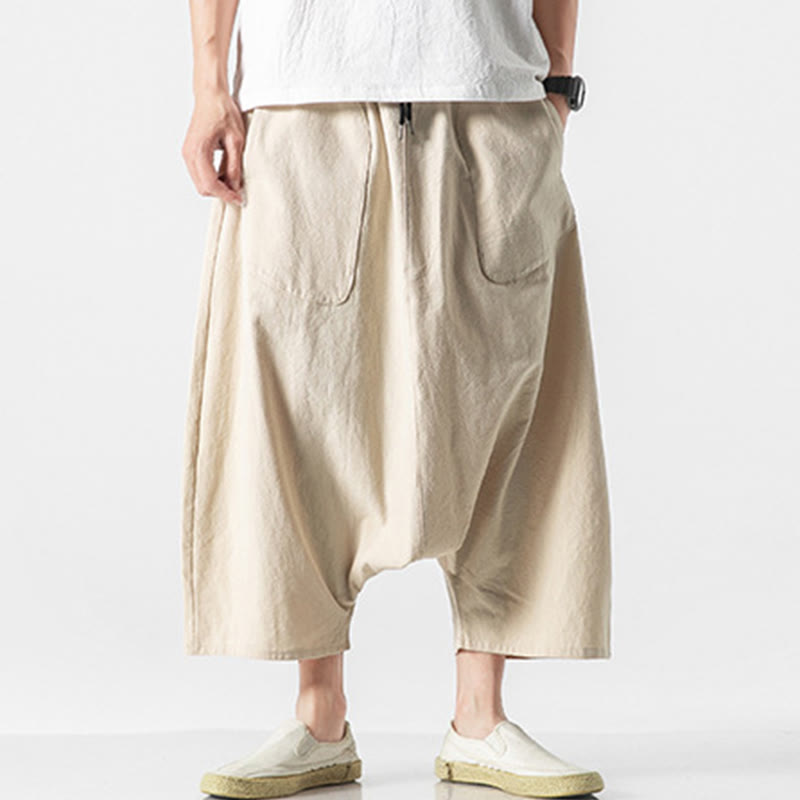 Casual Low Crotch Design Drawstring Men's 7-8 Length Cotton Linen Wide Leg Pants With Pockets