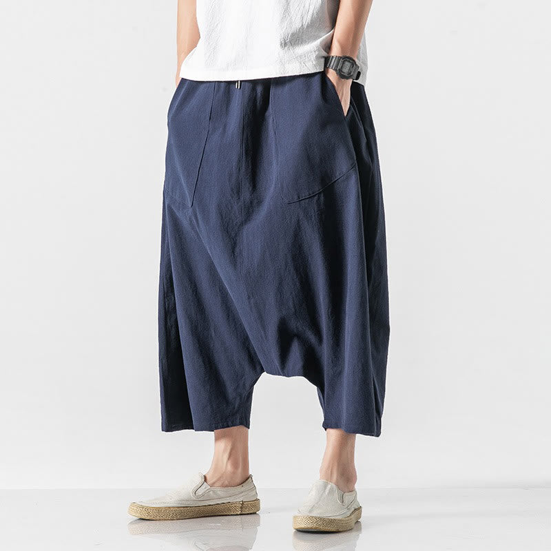 Casual Low Crotch Design Drawstring Men's 7-8 Length Cotton Linen Wide Leg Pants With Pockets