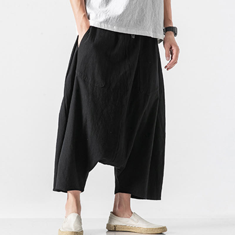 Casual Low Crotch Design Drawstring Men's 7-8 Length Cotton Linen Wide Leg Pants With Pockets
