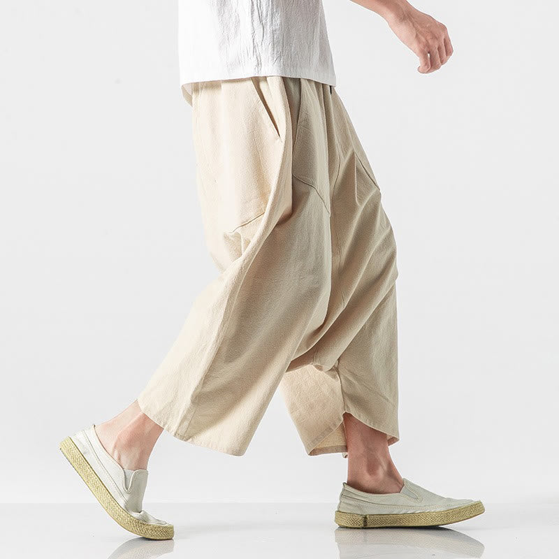 Casual Low Crotch Design Drawstring Men's 7-8 Length Cotton Linen Wide Leg Pants With Pockets