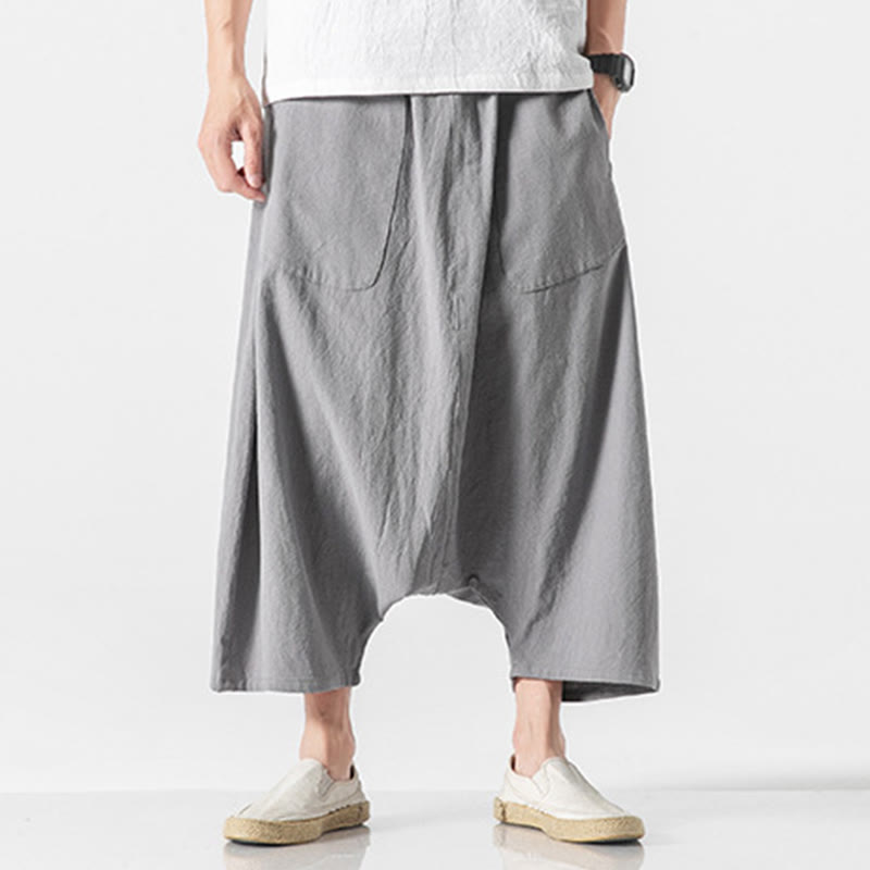 Casual Low Crotch Design Drawstring Men's 7-8 Length Cotton Linen Wide Leg Pants With Pockets
