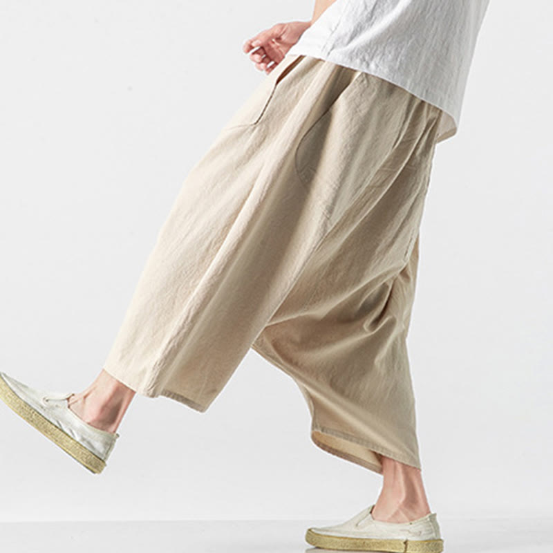 Casual Low Crotch Design Drawstring Men's 7-8 Length Cotton Linen Wide Leg Pants With Pockets