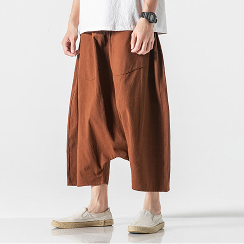 Casual Low Crotch Design Drawstring Men's 7-8 Length Cotton Linen Wide Leg Pants With Pockets