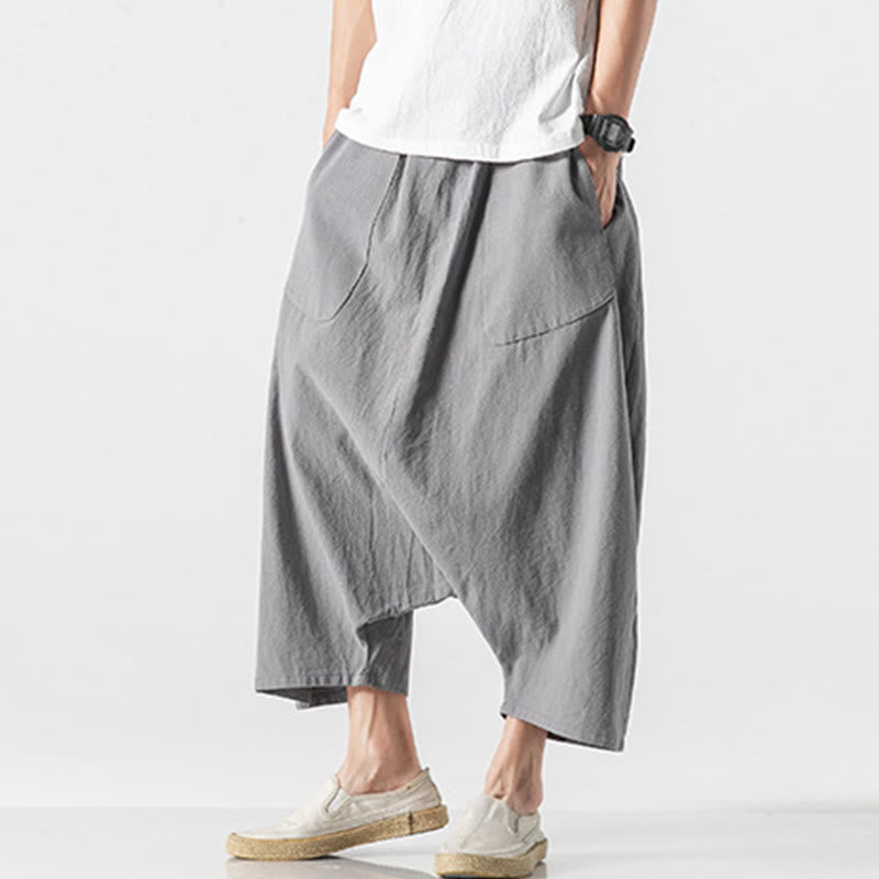 Casual Low Crotch Design Drawstring Men's 7-8 Length Cotton Linen Wide Leg Pants With Pockets