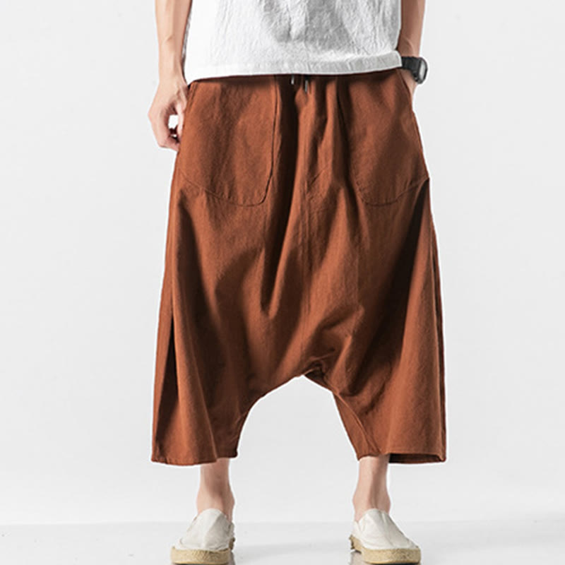 Casual Low Crotch Design Drawstring Men's 7-8 Length Cotton Linen Wide Leg Pants With Pockets