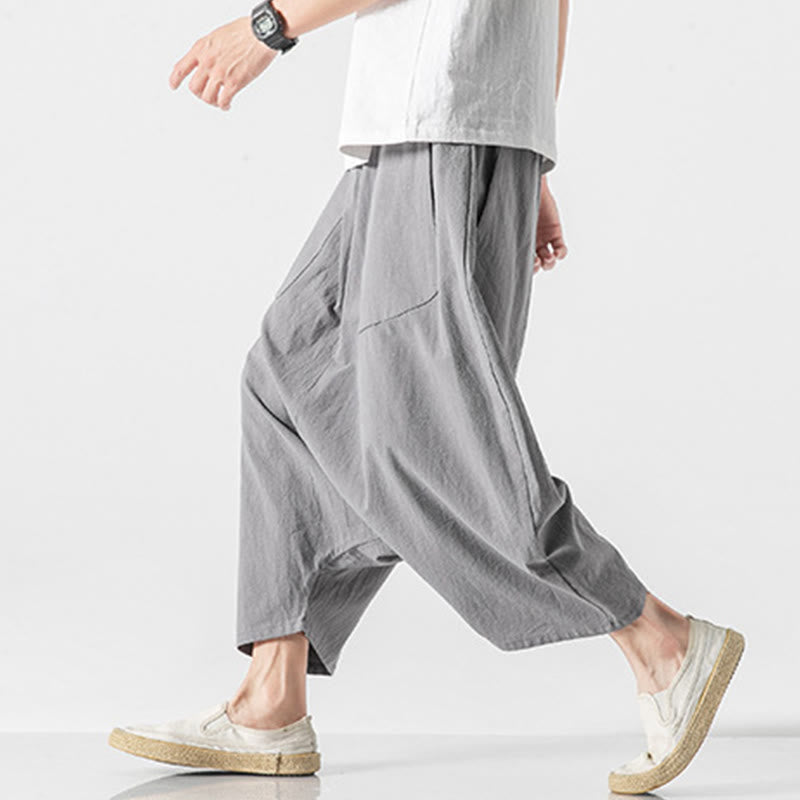 Casual Low Crotch Design Drawstring Men's 7-8 Length Cotton Linen Wide Leg Pants With Pockets