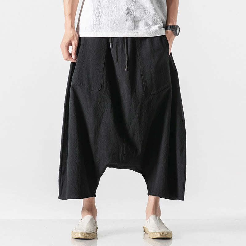 Casual Low Crotch Design Drawstring Men's 7-8 Length Cotton Linen Wide Leg Pants With Pockets