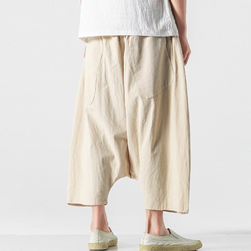 Casual Low Crotch Design Drawstring Men's 7-8 Length Cotton Linen Wide Leg Pants With Pockets