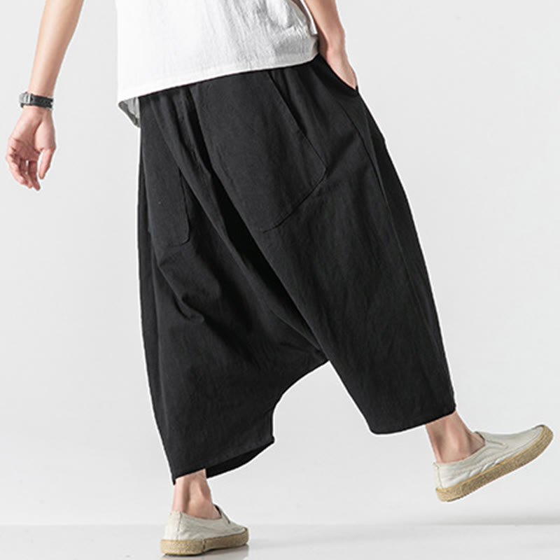 Casual Low Crotch Design Drawstring Men's 7-8 Length Cotton Linen Wide Leg Pants With Pockets