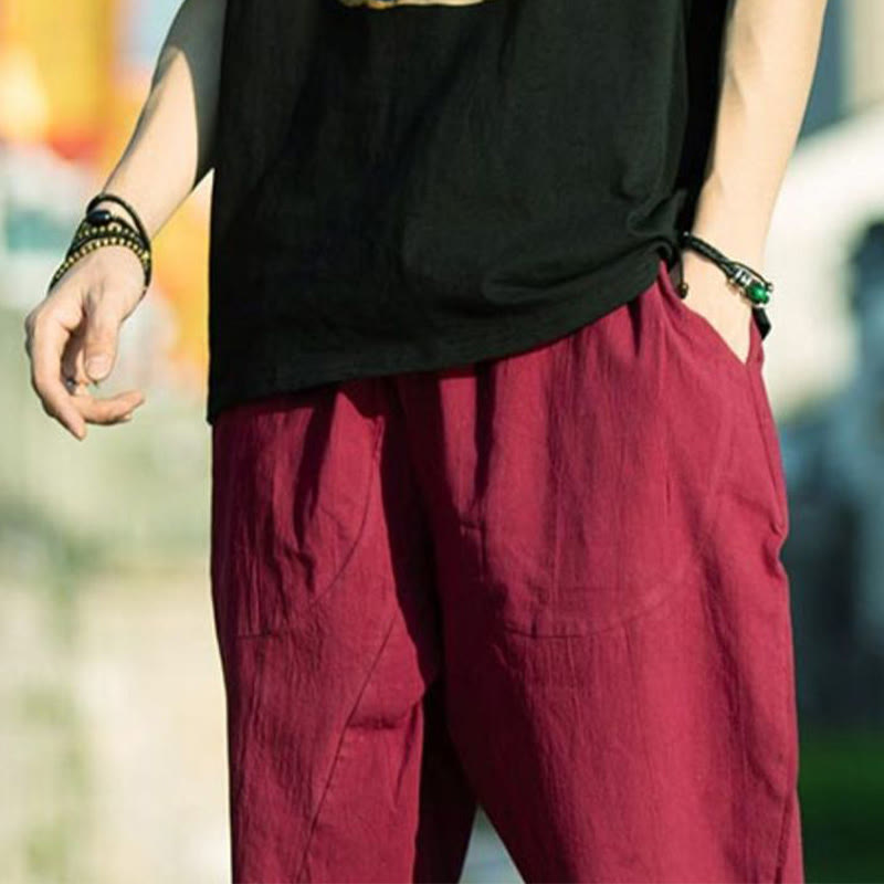 Breathable Cotton Linen Crop Straight-Leg Meditation Pants