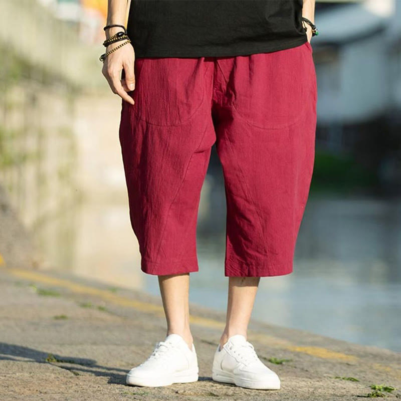 Breathable Cotton Linen Crop Straight-Leg Meditation Pants