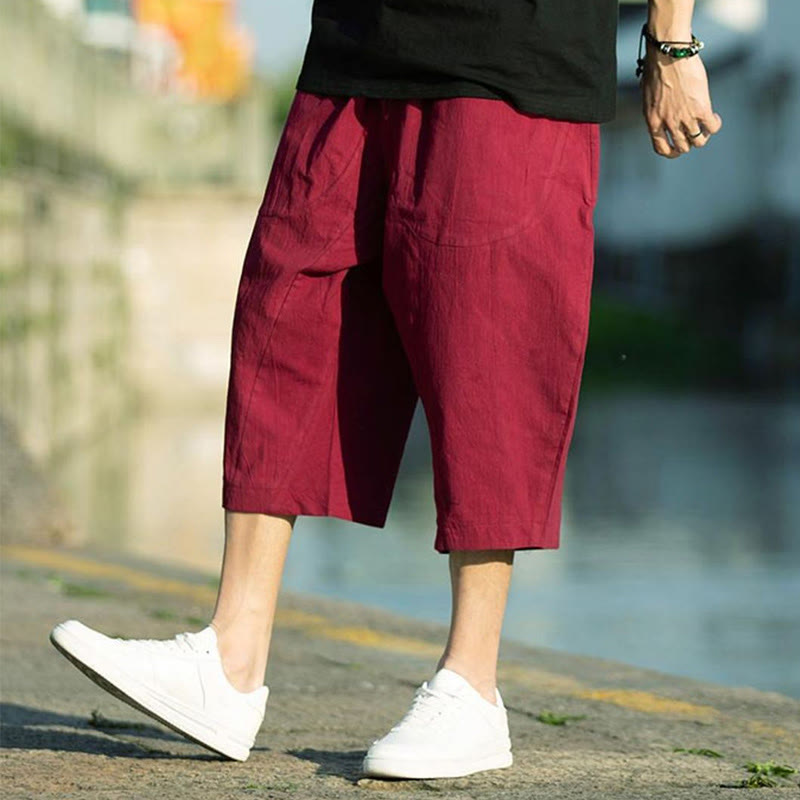 Breathable Cotton Linen Crop Straight-Leg Meditation Pants