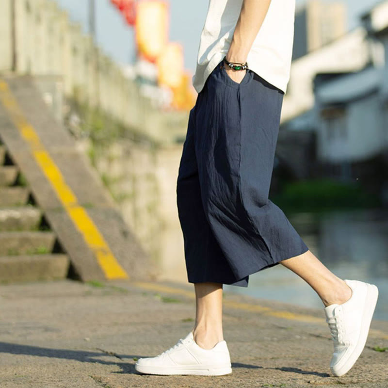 Breathable Cotton Linen Crop Straight-Leg Meditation Pants
