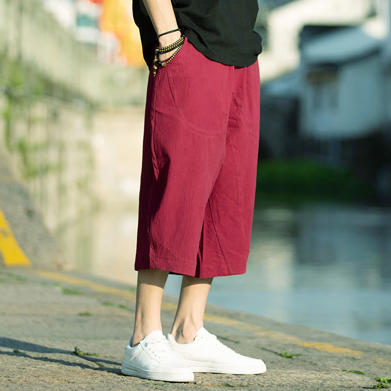 Breathable Cotton Linen Crop Straight-Leg Meditation Pants