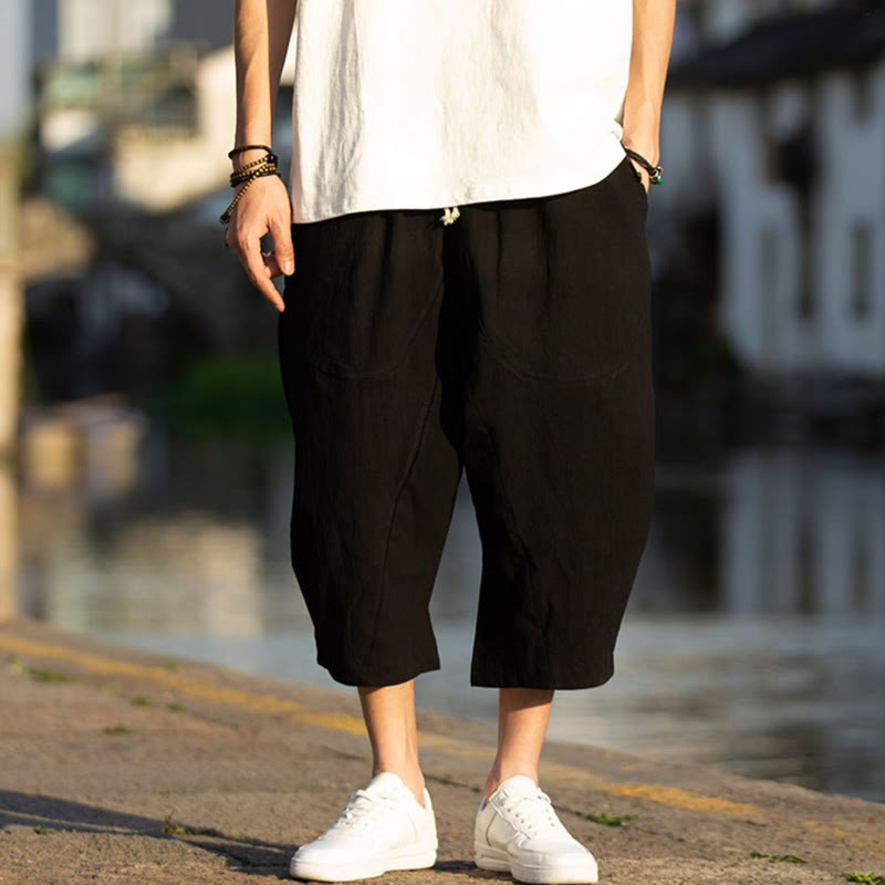 Breathable Cotton Linen Crop Straight-Leg Meditation Pants