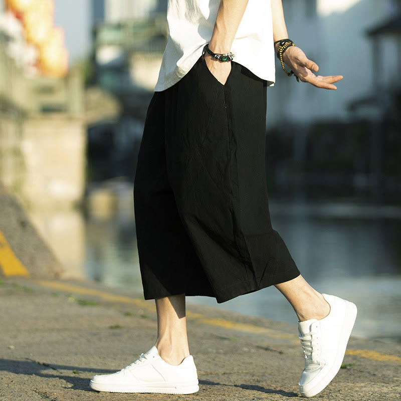 Breathable Cotton Linen Crop Straight-Leg Meditation Pants