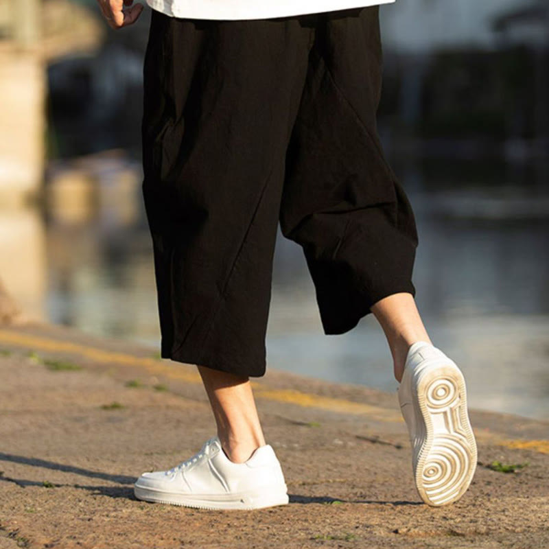 Breathable Cotton Linen Crop Straight-Leg Meditation Pants