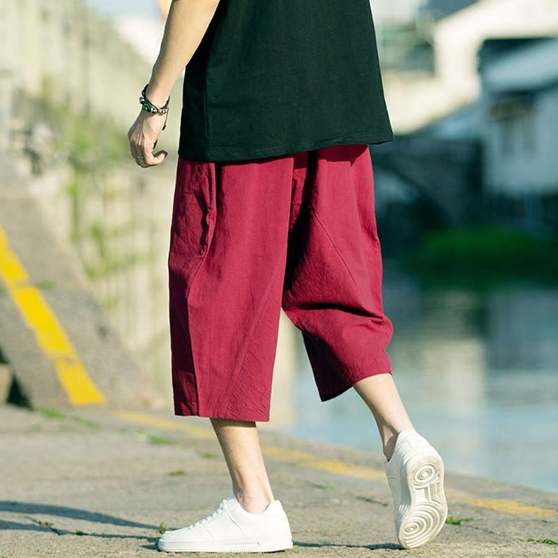Breathable Cotton Linen Crop Straight-Leg Meditation Pants