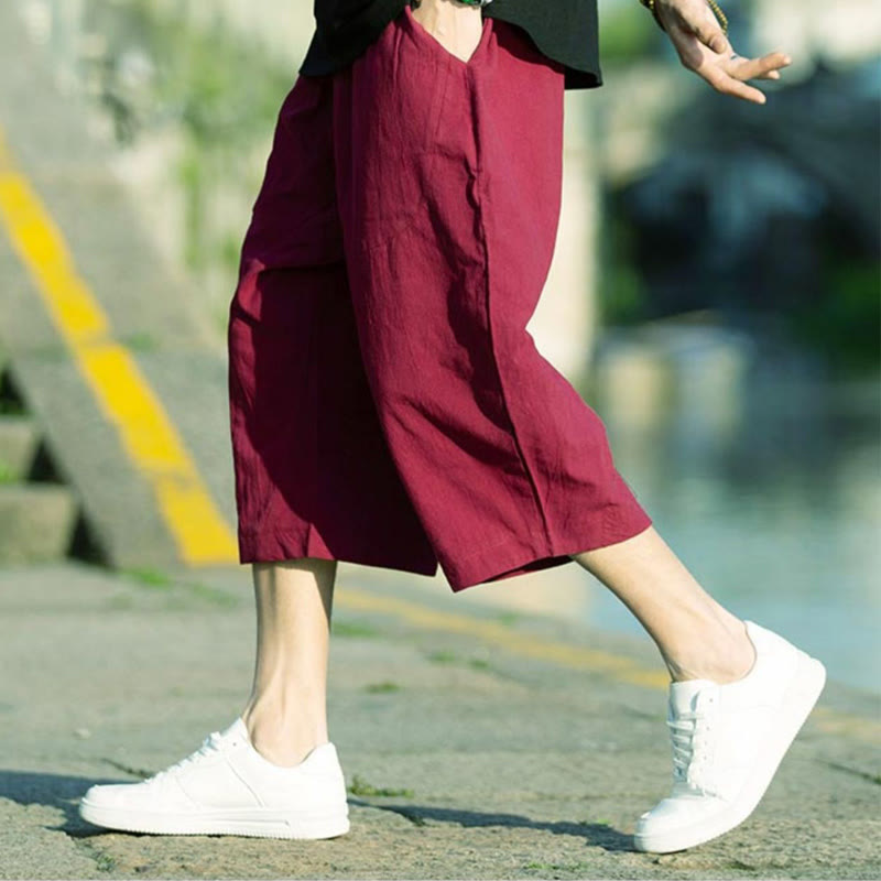 Breathable Cotton Linen Crop Straight-Leg Meditation Pants