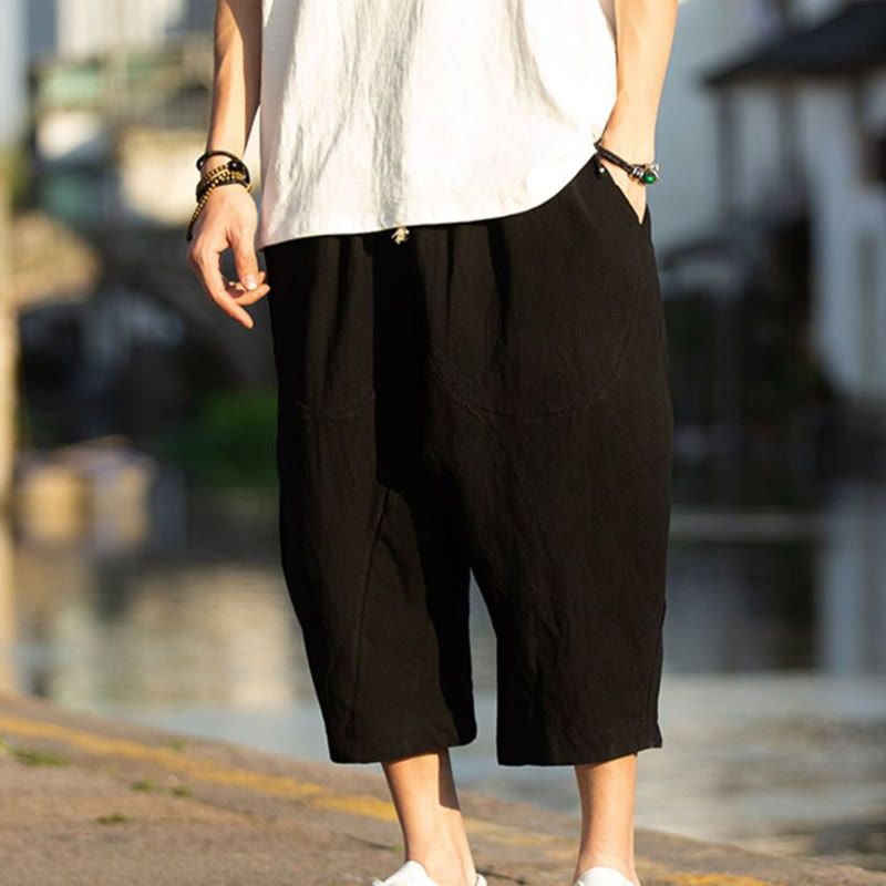 Breathable Cotton Linen Crop Straight-Leg Meditation Pants