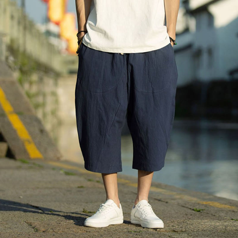 Breathable Cotton Linen Crop Straight-Leg Meditation Pants