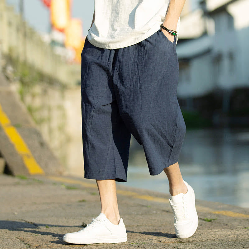 Breathable Cotton Linen Crop Straight-Leg Meditation Pants