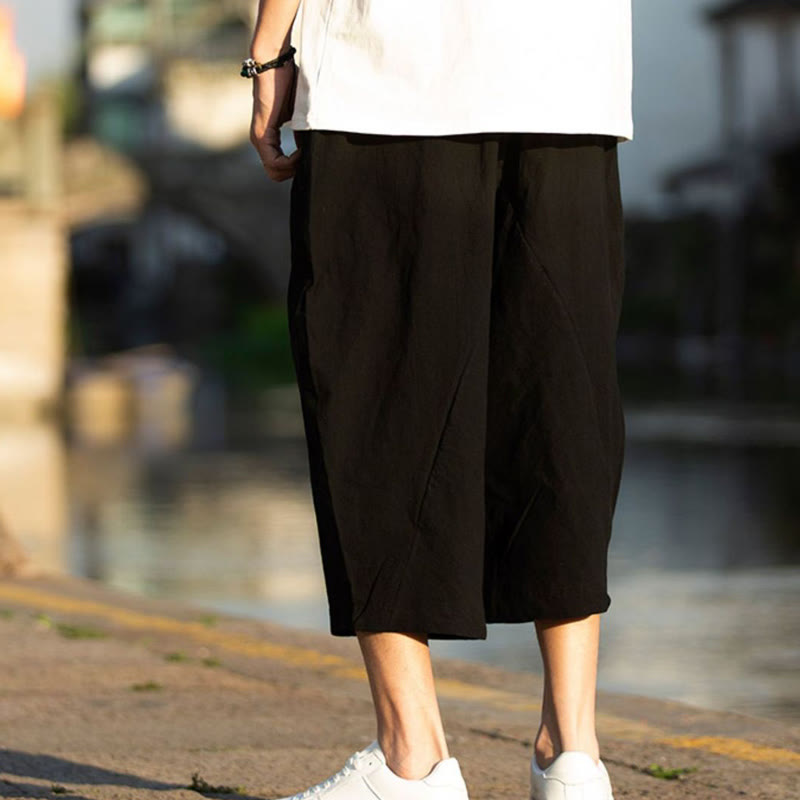 Breathable Cotton Linen Crop Straight-Leg Meditation Pants