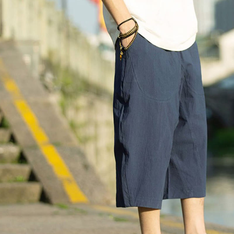 Breathable Cotton Linen Crop Straight-Leg Meditation Pants