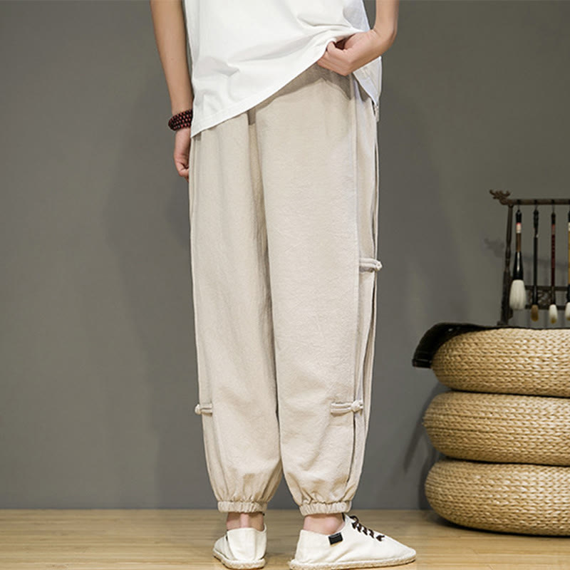 Summer Vintage Drawstring Chinese Frog-Button Design Men's Cotton Linen Harem Pants With Pockets