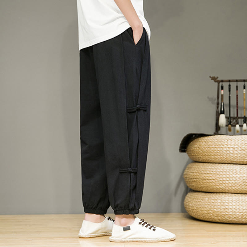 Summer Vintage Drawstring Chinese Frog-Button Design Men's Cotton Linen Harem Pants With Pockets