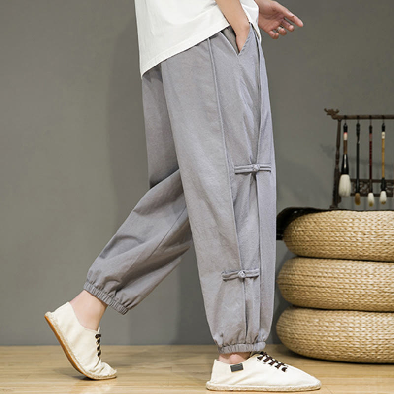 Summer Vintage Drawstring Chinese Frog-Button Design Men's Cotton Linen Harem Pants With Pockets