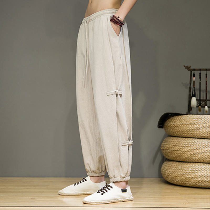 Summer Vintage Drawstring Chinese Frog-Button Design Men's Cotton Linen Harem Pants With Pockets