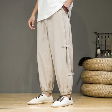 Summer Vintage Drawstring Chinese Frog-Button Design Men's Cotton Linen Harem Pants With Pockets