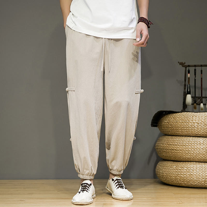 Summer Vintage Drawstring Chinese Frog-Button Design Men's Cotton Linen Harem Pants With Pockets