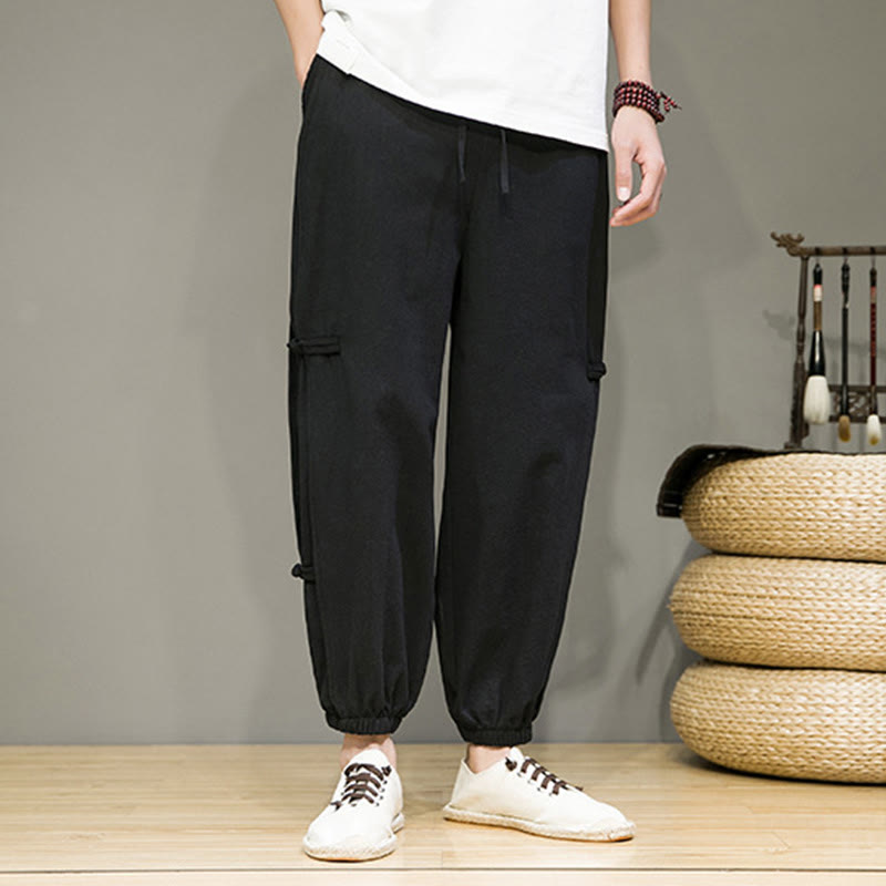 Summer Vintage Drawstring Chinese Frog-Button Design Men's Cotton Linen Harem Pants With Pockets