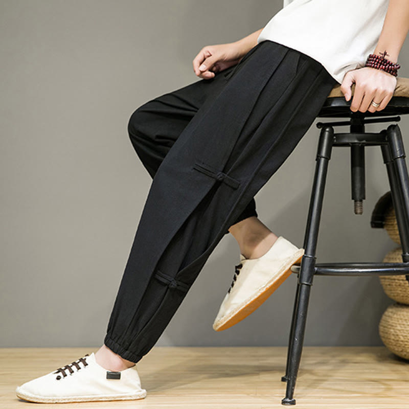 Summer Vintage Drawstring Chinese Frog-Button Design Men's Cotton Linen Harem Pants With Pockets