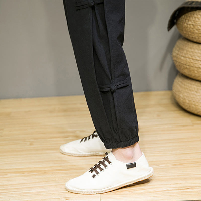 Summer Vintage Drawstring Chinese Frog-Button Design Men's Cotton Linen Harem Pants With Pockets