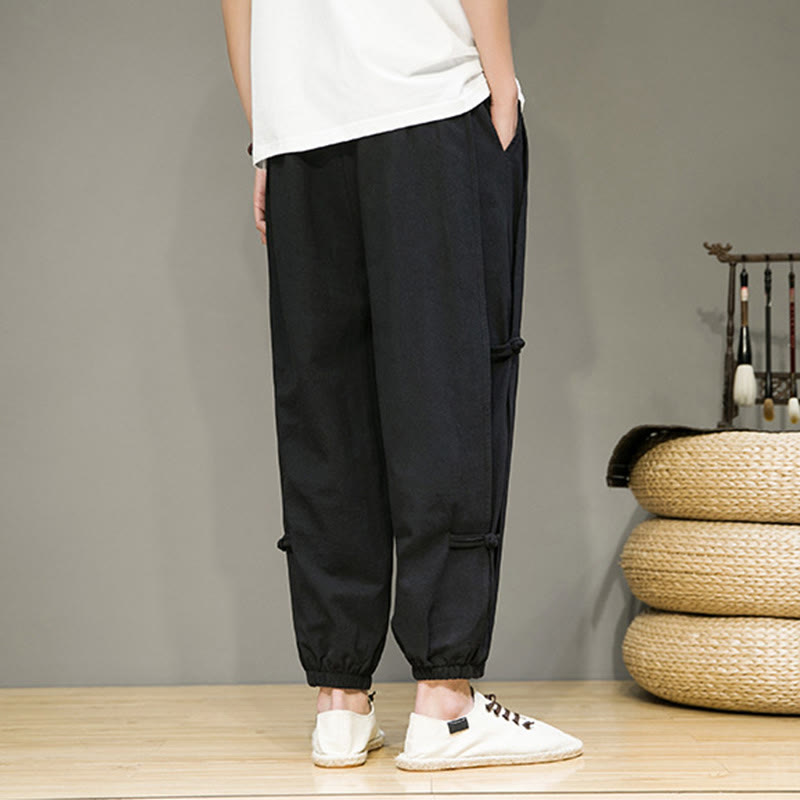 Summer Vintage Drawstring Chinese Frog-Button Design Men's Cotton Linen Harem Pants With Pockets